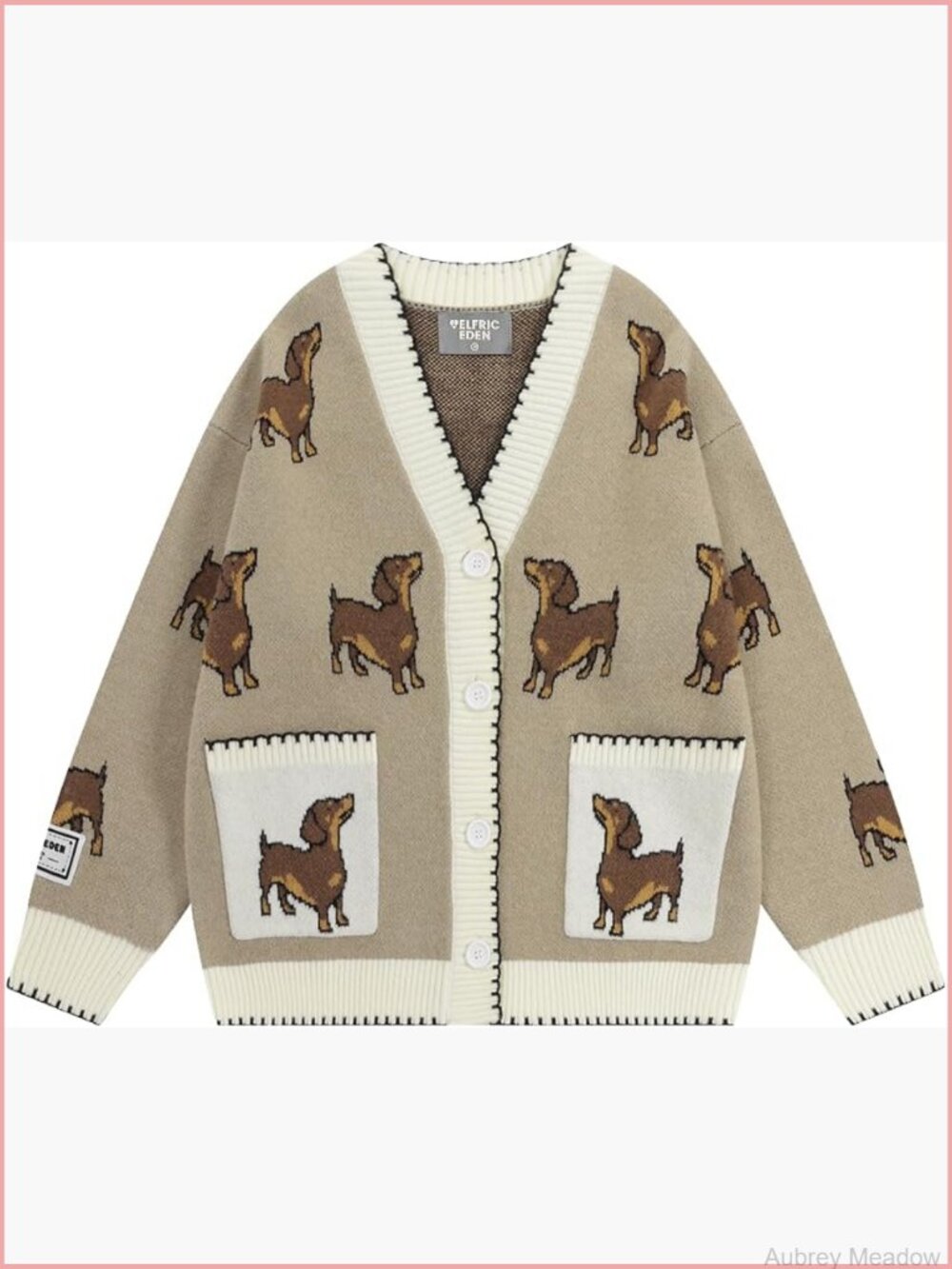 Hand Drawn Dachshund Cardigan Sweater V Neck Button Down Knit Coat